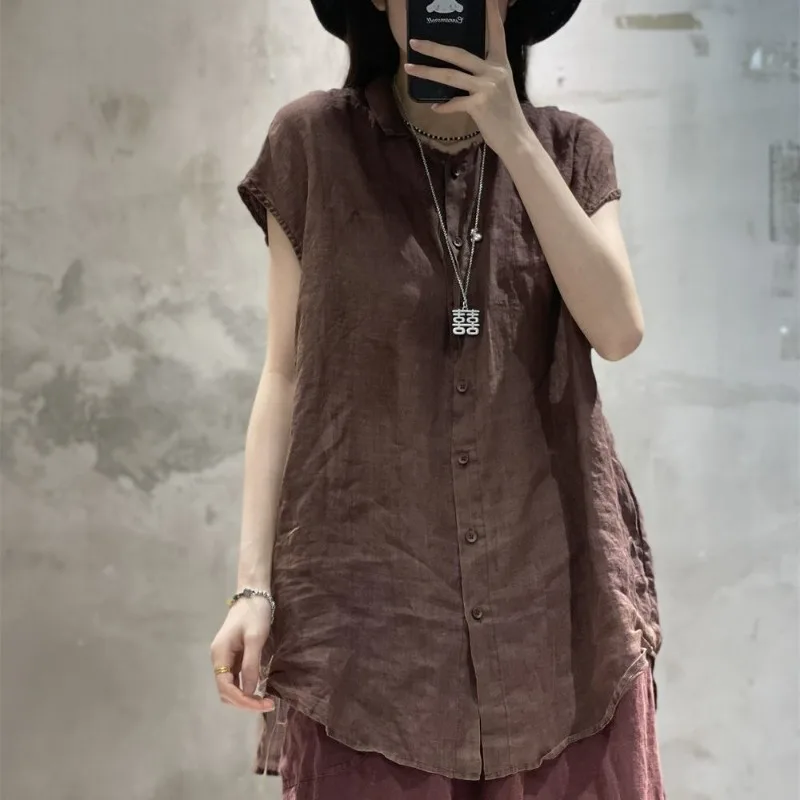 

Новинка 2023 года, летняя свободная блузка большого размера, женская легкая универсальная женская рубашка в китайском стиле с короткими рукавами