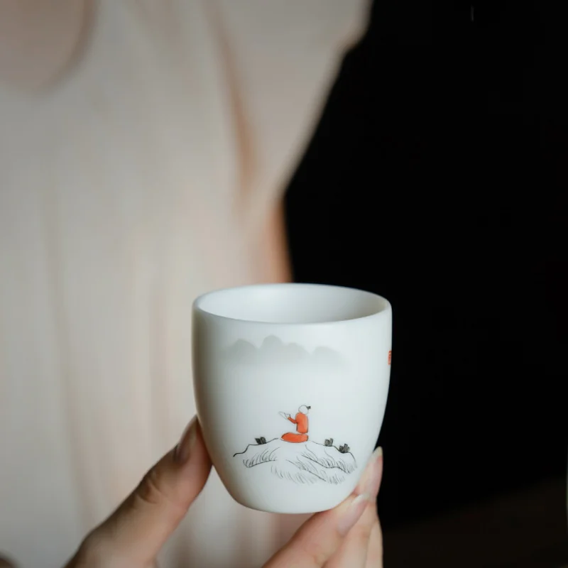 100 مللي لحم الضأن الدهون اليشم كوب رئيسي زن رسمت باليد المشهد فنجان الشاي السيراميك تذوق القدح الشاي القديم زوج كوب عطر المقاهي هدية