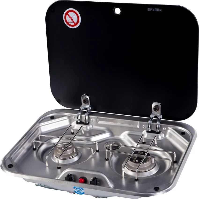 2 Burner Gas Stove Hob Glass Lid 480*370*50mm 2*1.35KW Boat Caravan RV GR-587 boat accessories
