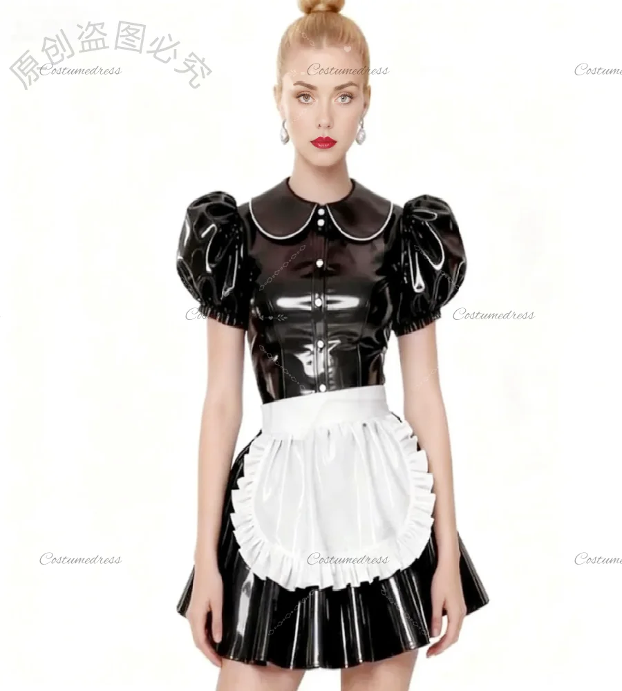 

Готическое черное платье горничной с фартуком и пышными рукавами, мини-короткое вечернее платье из ПВХ с вырезом Питера Пэна, костюм из бисера, платье для выпускного вечера, коктейльное платье