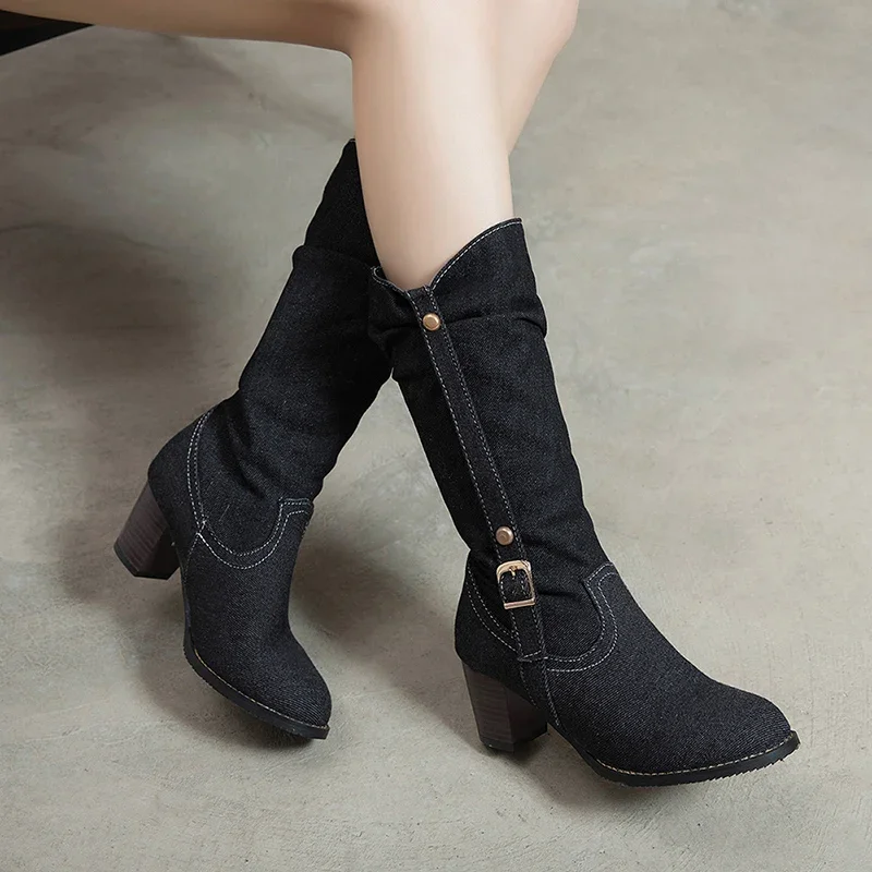 2025 Sexy Jean Boots Women\'s Long Tube Short Boot Winter High Heel Denim Boot Lady Stylish Jeans Boots Buckle Strap Shoes Cowboy