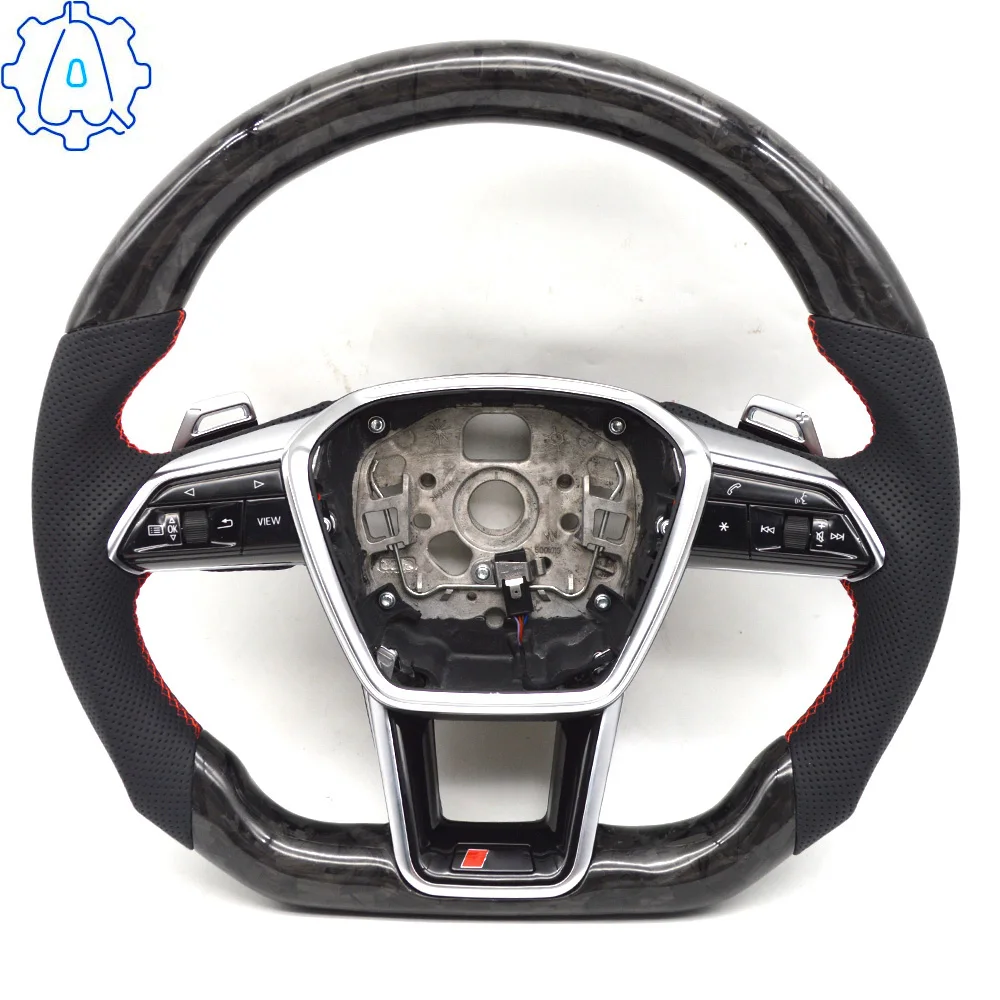 Full Leather Steering Wheel For Audi A6 C8 Carbon Fiber Perforated Leather Multifunctional Flat Bottomed Steering Wheel