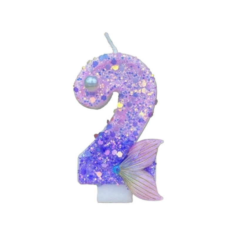Glitter Purple Gradient Mermaid Tail Number Candles 0-9, Pearl Decor Birthday Cake Candle for Girls Birthday Party Decor view 5