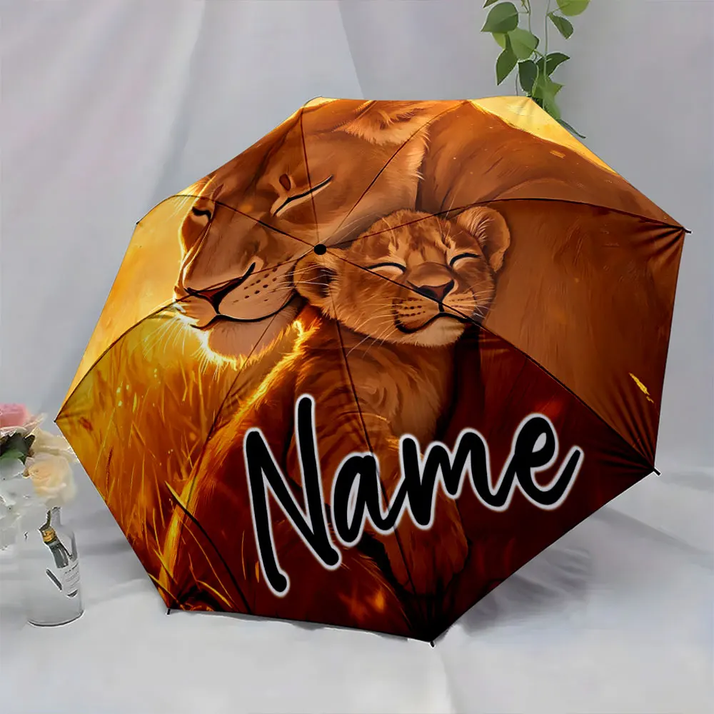 Custom Name Lion Family Art Umbrella with Personalization Print 8 Iron Ribs Folding Umbrella Auto-Open Fashion Sunshade