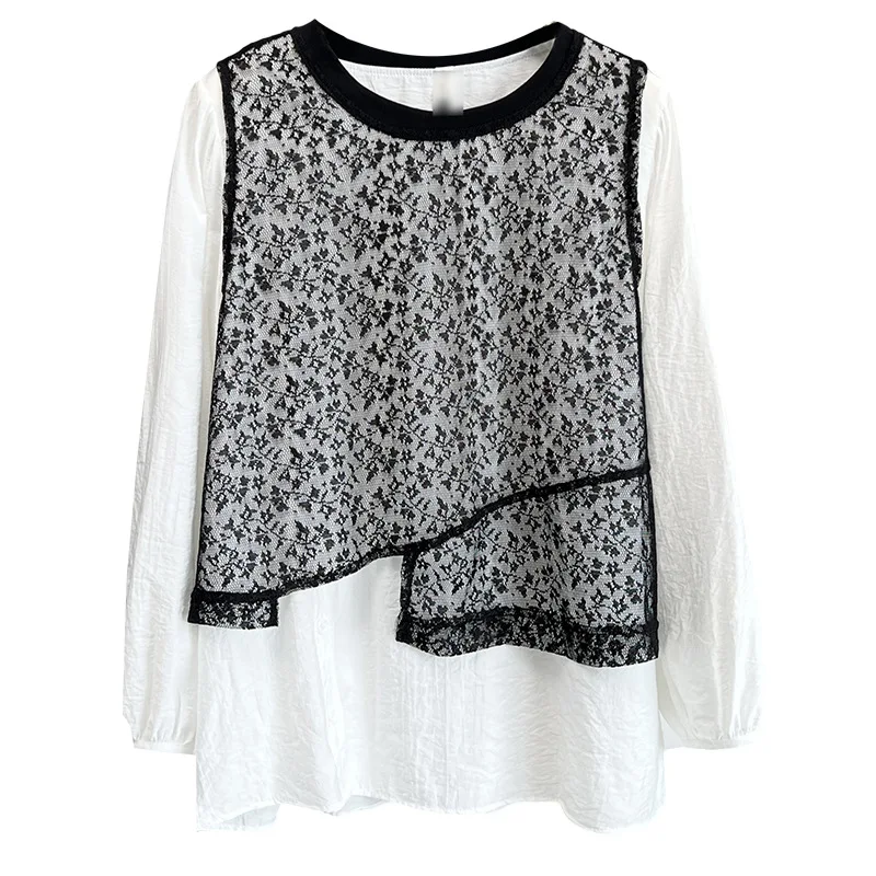 

Модные женские блузки больших размеров, осенний новый стиль, кружевная лоскутная рубашка с длинным рукавом 1049