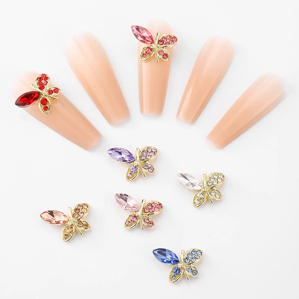 10Pcs Gem Alloy Butterfly Nail Art Charm 3D Luxury Diamond Crystal Shiny Butterfly Nail Ornament DIY Exquisite Nail Accessories