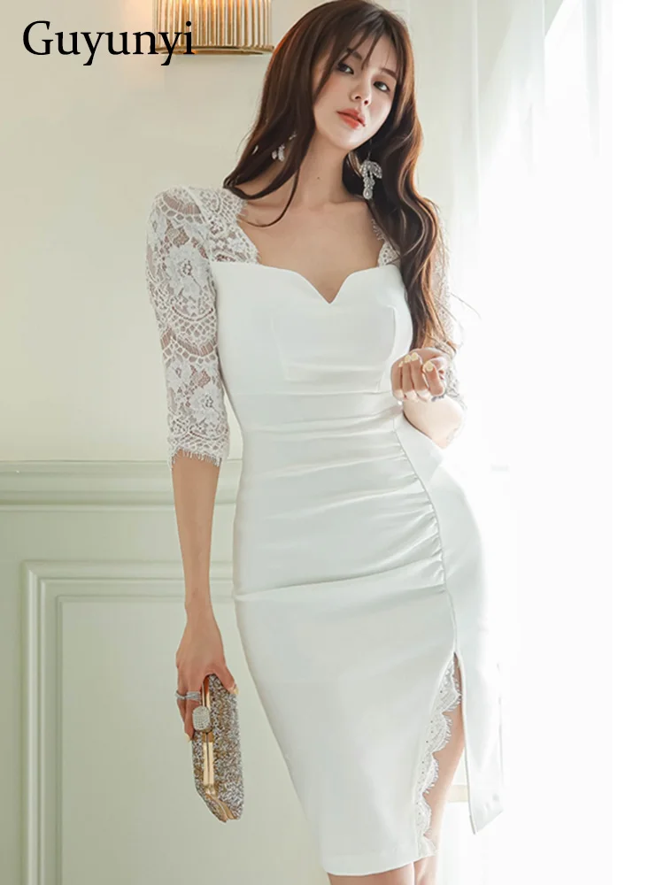 Elegant Party Dress Summer White Square Neck Perspective Lace Half Sleeve High Waist Line Sheath Temperament Office Lady Dress