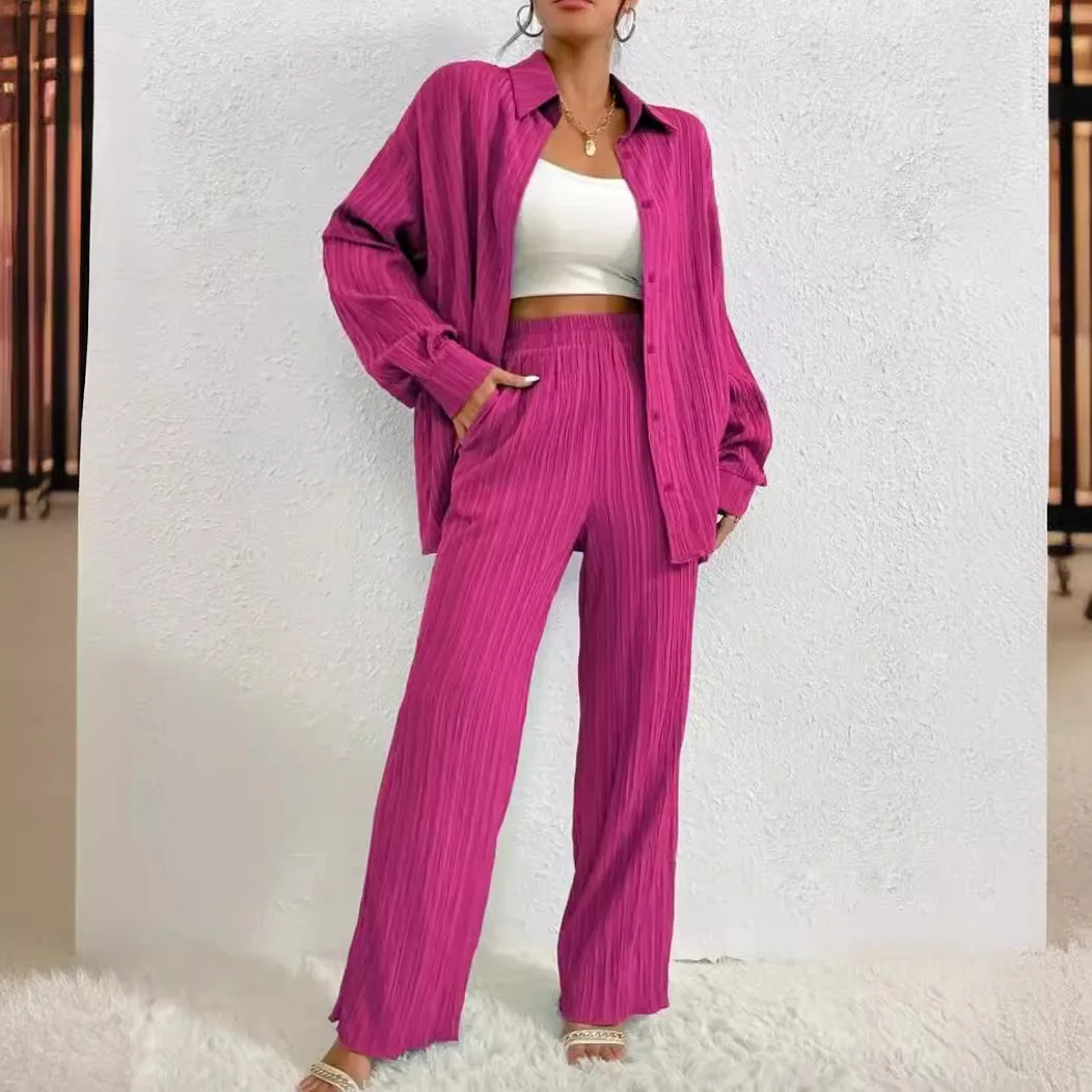 Loose Loungewear Women 2 Piece Outfits Slit Hem Longline Long Sleeve Button Down Wide Leg Pants Set Pajamas for Women Pjs