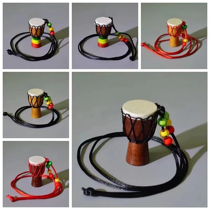 African Drum Handmade Wooden Musical Instrument Necklaces Pendant Drummer Mini Percussion Decor Christmas Gift For Music Lover