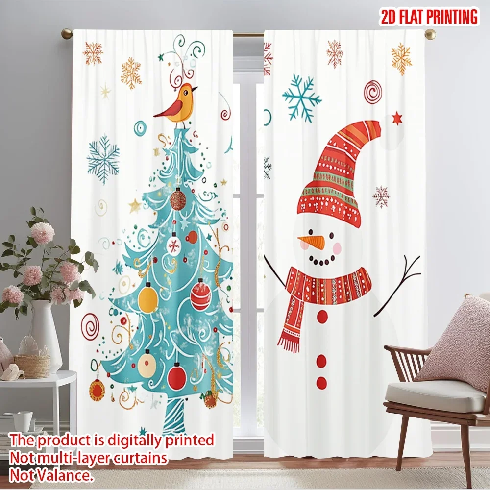 2pcs,2D plane printing Pattern Curtains Cute Snowman Christmas Tree_h Versatile 100% Polyester (without rod) Decorations For