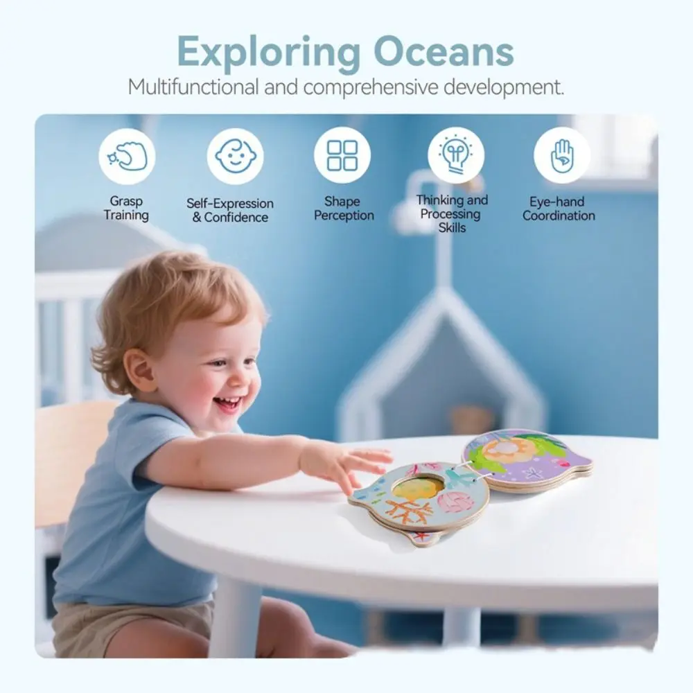 Marine Animals Illustration Montessori Baby Book Home Educational Early Learning Wooden Boo Durable Construction Wooden Material