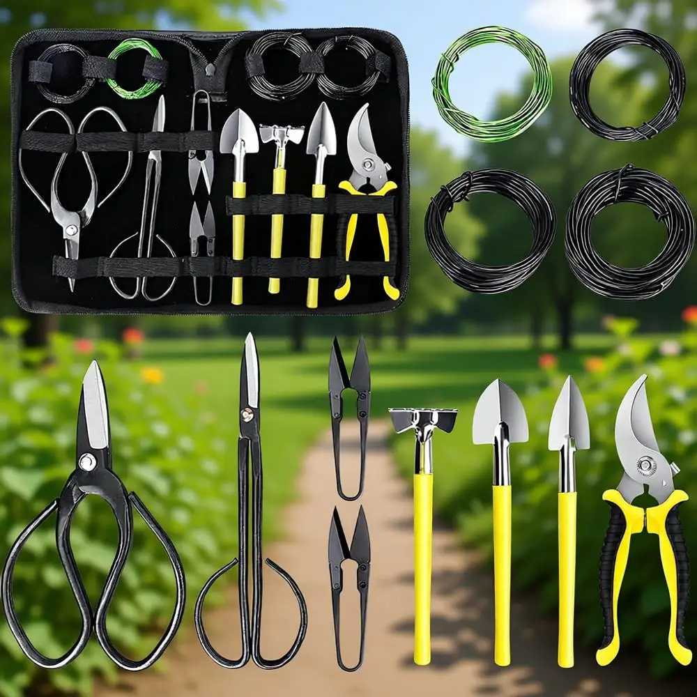 

Набор садовых инструментов из 13 предметов из углеродистой стали: секаторы, ножницы, грабли, лопаты и проволока для формирования растений в кожаном чехле