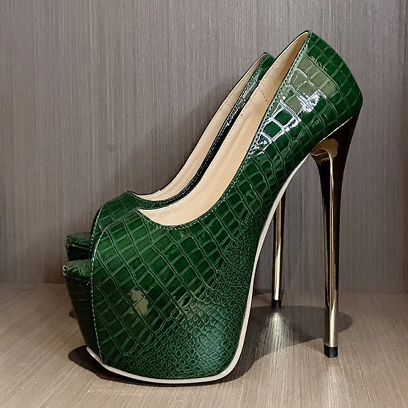 Liyke Runway Sexy Extreme High Heels For Women Platform Pumps Cozy Green Snake Print Leather Peep Toe Stripper Pole Dance Shoes