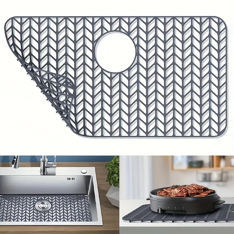 Heat Resistant Kitchen Sink Protection Pad Rubber Foldable Anti-Slip Mat for Stainless Steel Sink with Right Drain