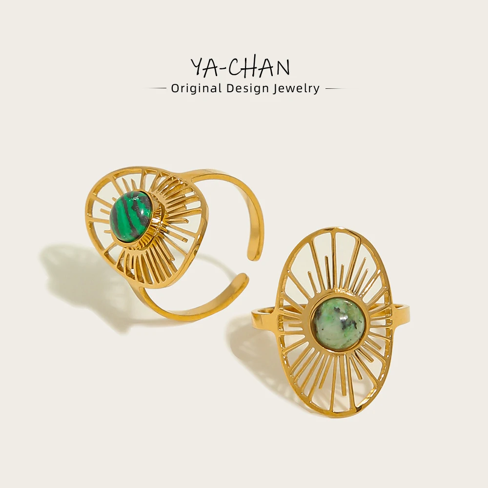 Yachan-金メッキリング,ステンレス鋼,18 k,女性用,天然石がちりばめられた,中空金属テクスチャ,トレンディなジュエリー