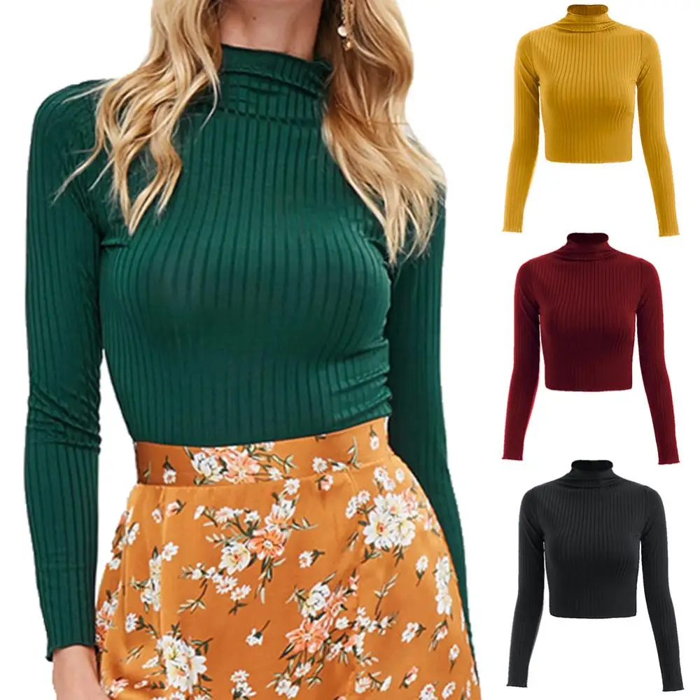 

Women Autumn Turtle Neck Sweaters Long Sleeve Ribbed Slim Bottoming Shirt Crop Top Lady Knitted Pullovers Short Solid Sweaters