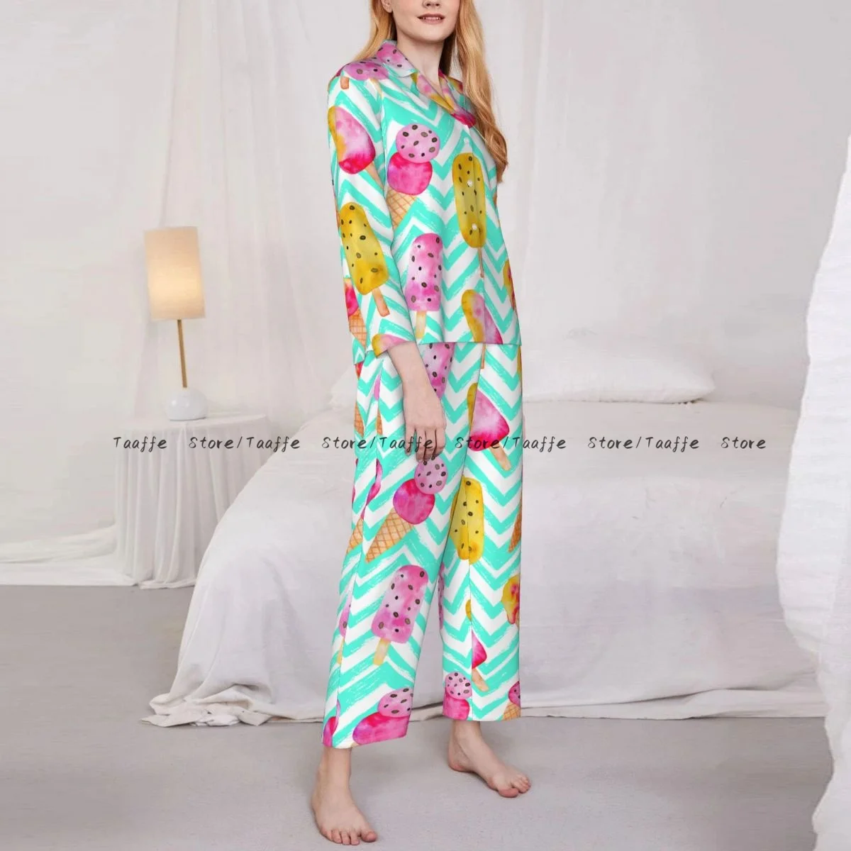 Spring and Autumn Pajama Set Women's Long Sleeve Pants Two Piece Watercolor Ice-creams Home Furnishing Set