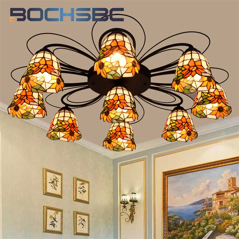 BOCHSBCTiffany stained glass ceiling light Sunflower deco living room Dining Room hotel aisle multi chandelier flush mount light