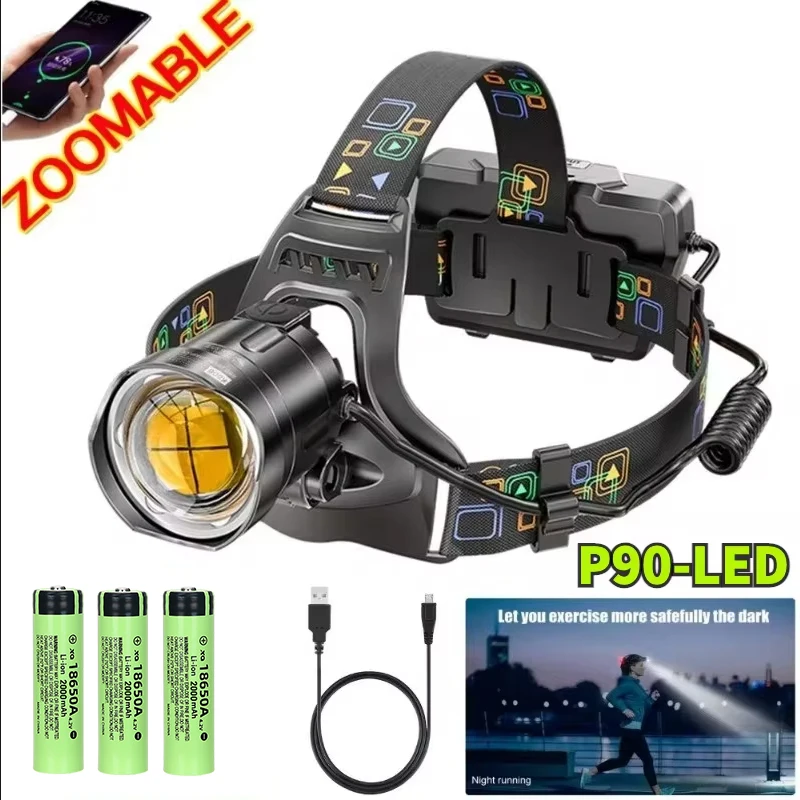 Super Bright LED Headlamp with XHP90 Zoomable USB Rechargeable Headlight Power Bank Exploration Fishing Camping  Flashlight