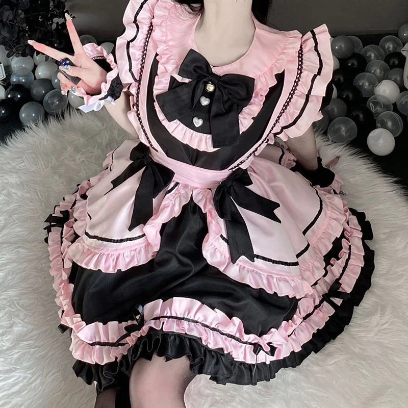 Harajuku Black And Pink Maid Outfit Kawaii Lolita Dress Femme Cos Sweet Girly Cat Bow Suit Birthday Prom Short Dresse Girl Women