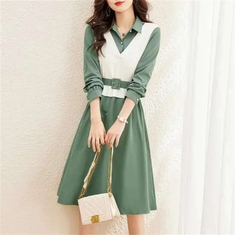 Temperament Long Sleeve Dress For Women 2025 New Spring Autumn Trendy Belt Dresses Office Ladies Elegant Fake Two-piece Vestidos