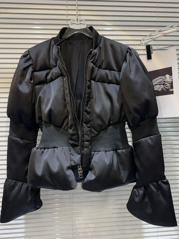Elegant Dark Splice Women's Cotton Jacket Slimming Waist Design Warm Outerwear Long Sleeve Zipper Closure Stand Collar Coat
