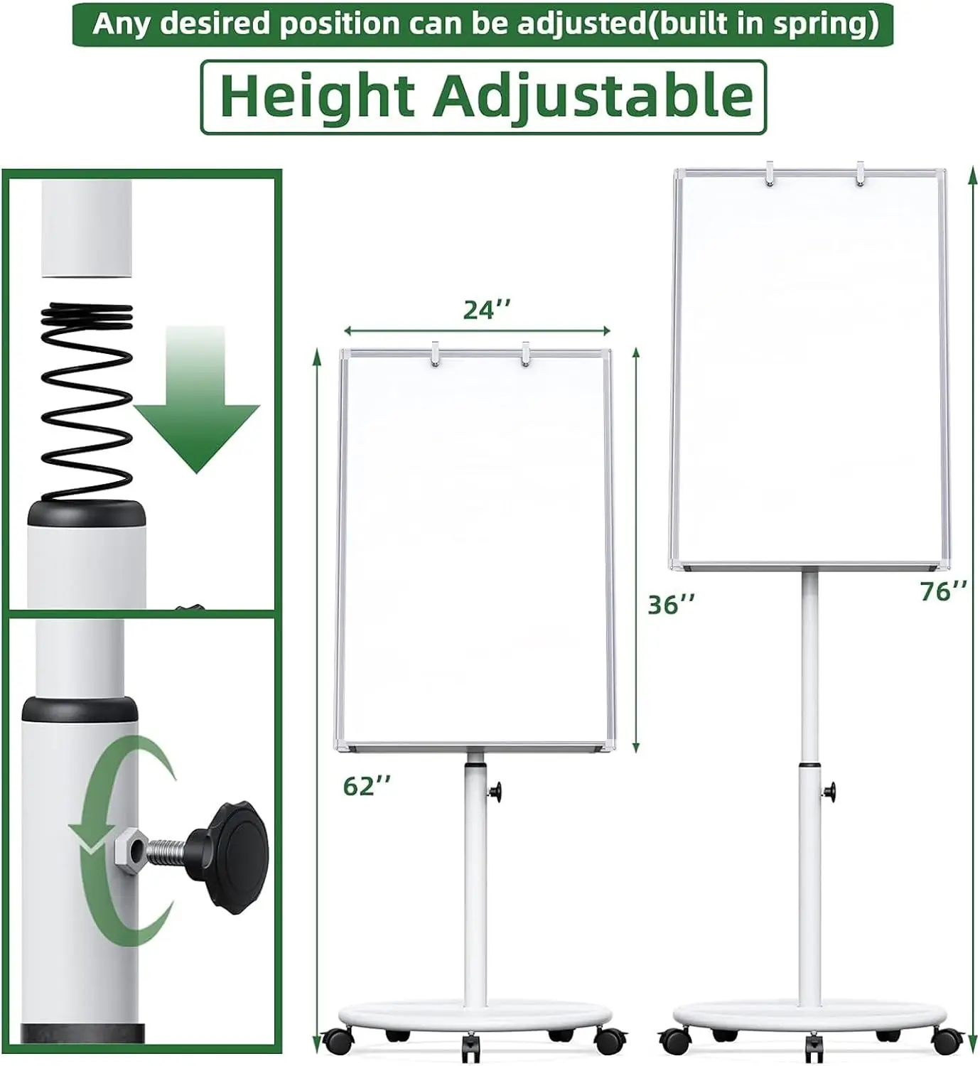 Pizarra blanca móvil, pizarra magnética portátil de borrado en seco con soporte, altura ajustable, Rodante, ruedas D, 36x24 pulgadas