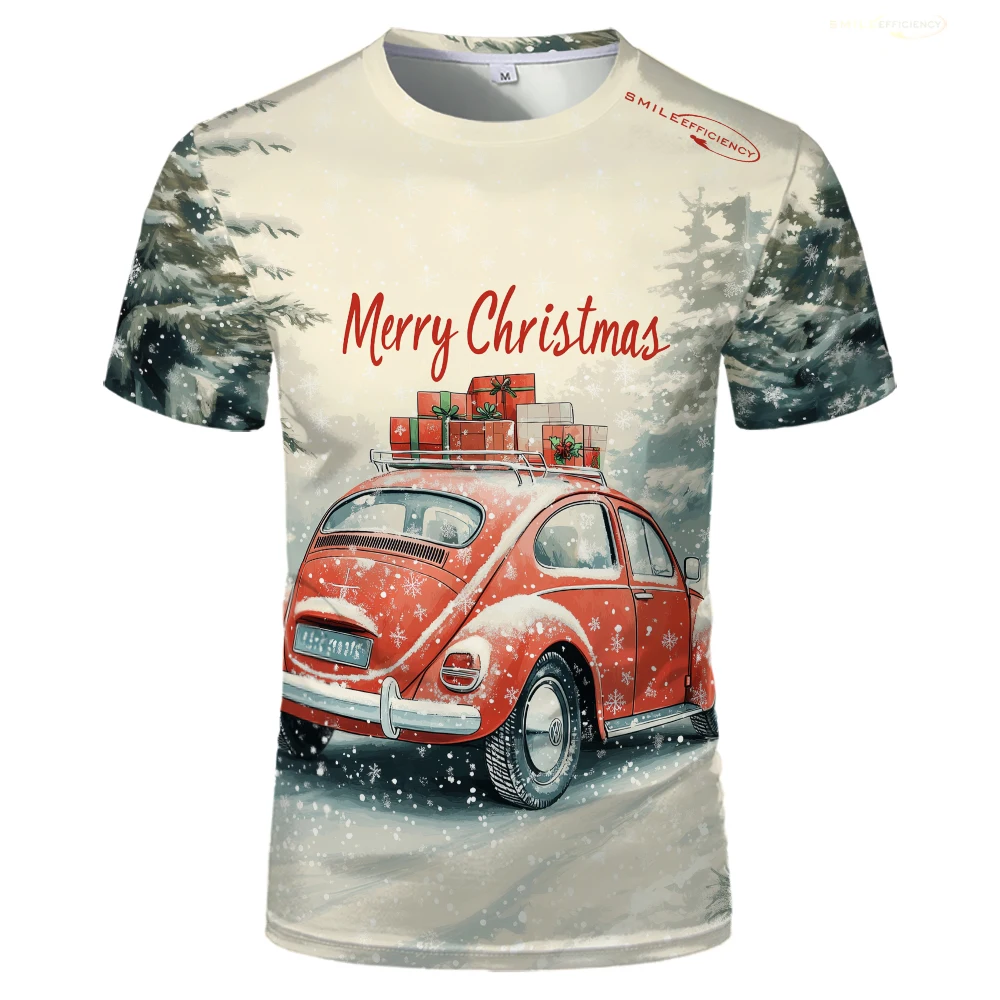 Christmas Snow Car Pattern 3D Printed T-shirt 100% Polyester Men's And Women's Loose Casual Short-sleeved Shirt Streetwear