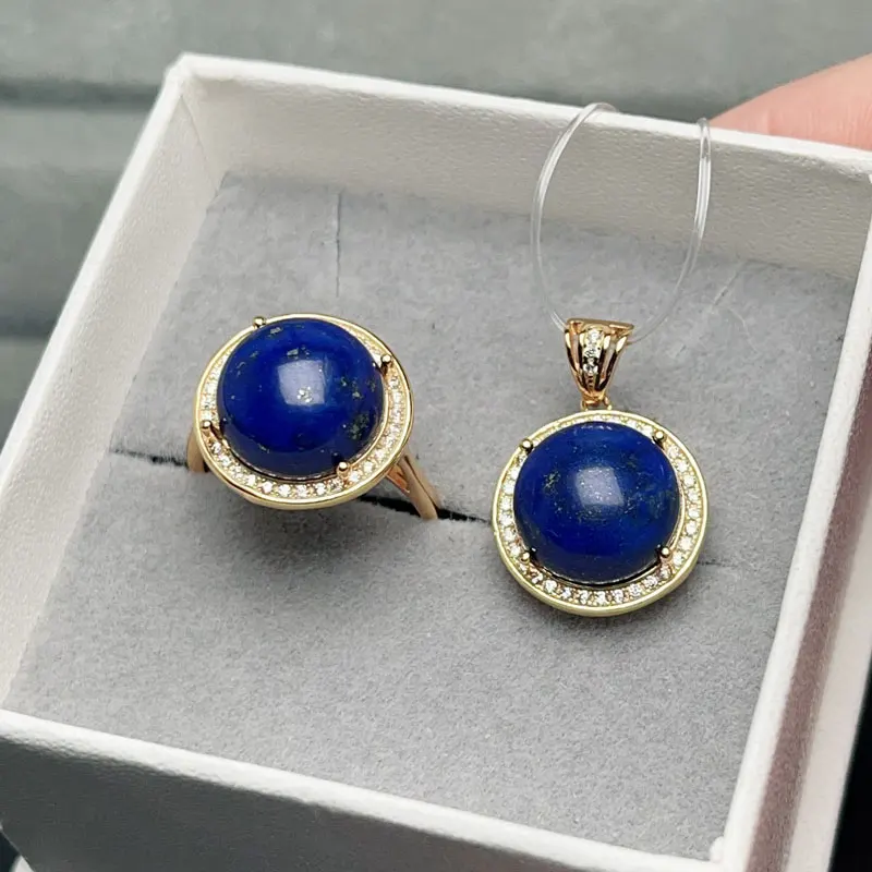 Set di gioielli classici in argento 925 per la festa totale 12ct anello in Lazurite naturale e ciondolo collana con regalo placcato in oro per la