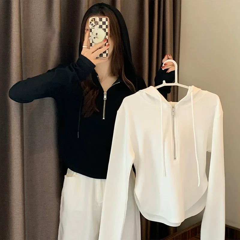 

New Women's Design Niche Short Zipper Top Homewear Women's Comfortable Thin Thin Section Long Sleeve Yankee Hooded Sweatshirt
