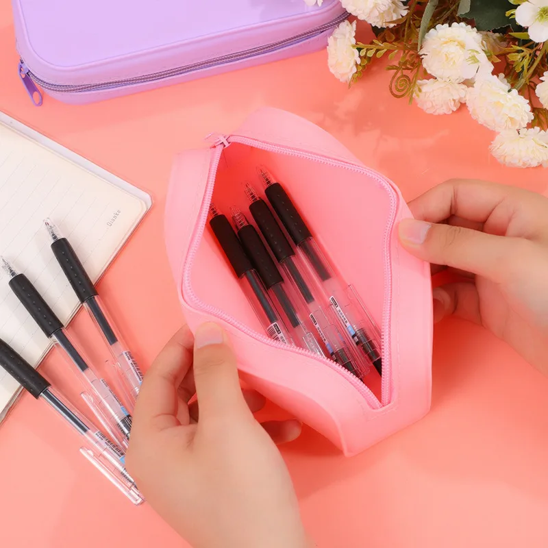 Soft Silicone Pencil Pouch Zipper Waterproof Macaron Color Pen Bag Lightweight Portable Stationery Organizer for School Student