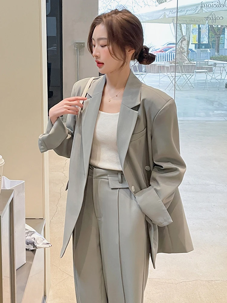 LANMRE Casual Two-piece Set Women Notched Single Button Back Split Blazer With Loose Pants Versatile 2024 Fashion New M2Z1453