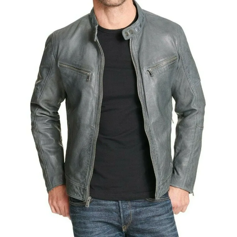 

Men Leather Jacket 100% Real Lambskin Slim Fit Genuine Biker Gray Jacket