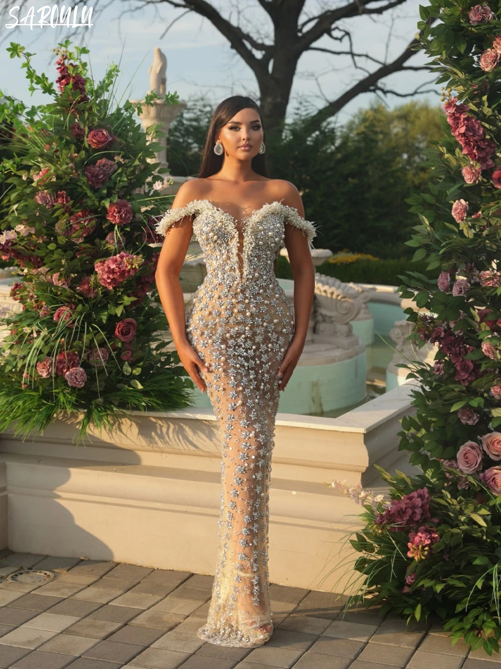 Luxury Off the Shoulder Evening Dress Illusion Crystals Pearls Customized Elegant Floor-length Bridal Dresses Vestidos De Novia