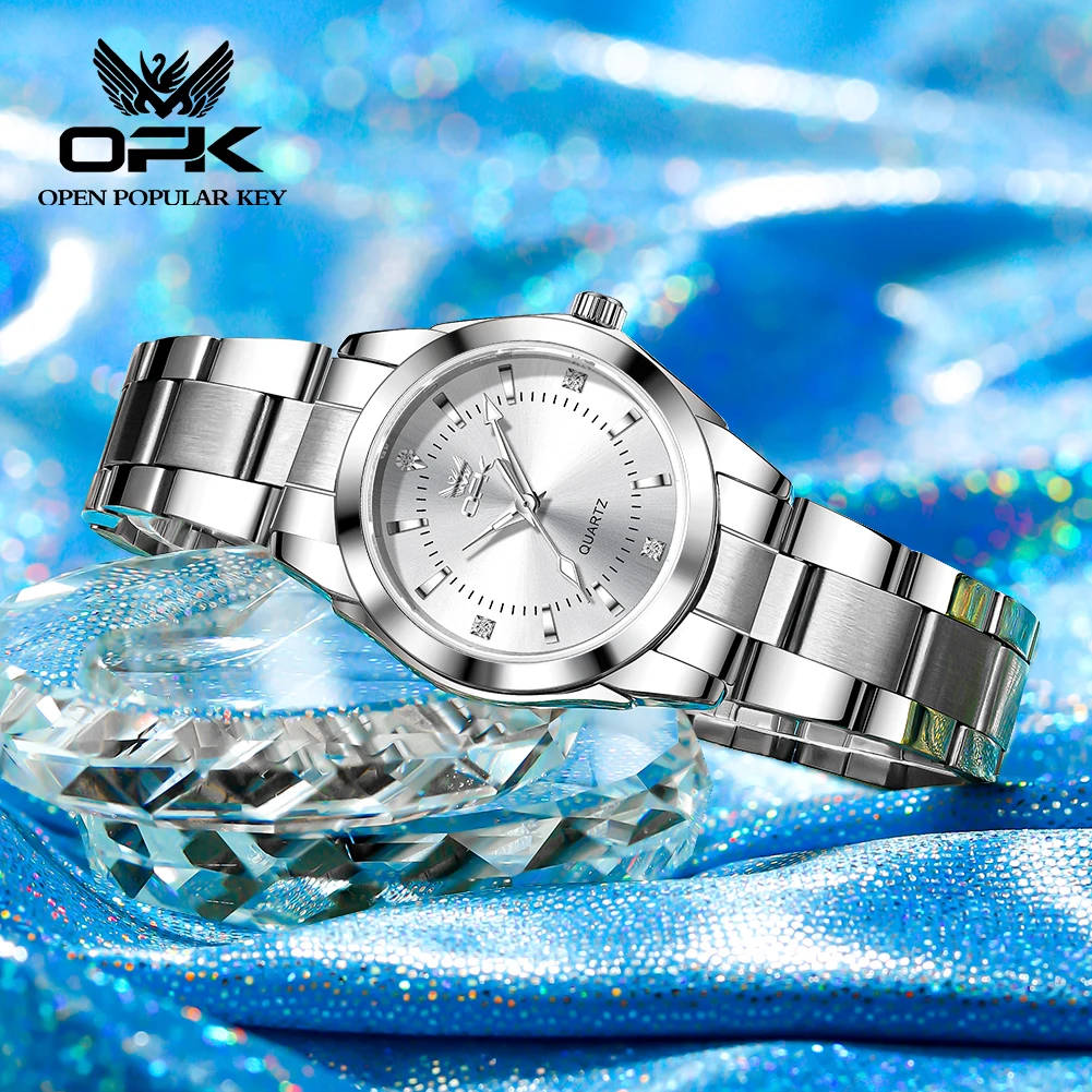 OPK Brand Luminous Waterproof Three-Pin Real Nail Scale Steel Belt Ladies Quartz Watch 6002