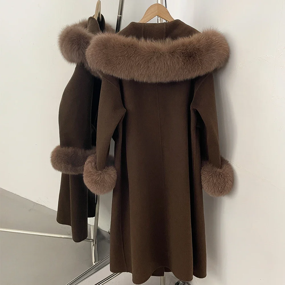 OFTBUY Neuer Winter Warmer Kapuzenmantel aus Einfarbigem Wollstoff für Damen Langer Wollmantel mit Echtem Fuchspelz-Gürtel an der Taille Damenjacke – Detail 9