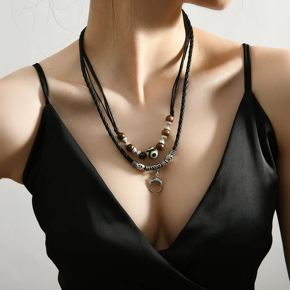 

Braided Rope Double Chain Layer Necklace for Women, Vintage Beads Charms, Adjustable Choker, Neck Jewelry, Female Gifts
