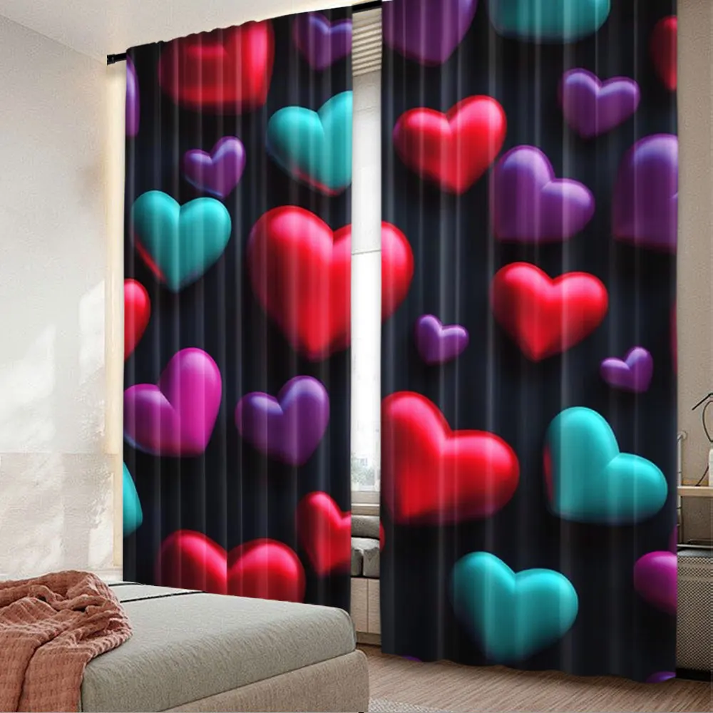 2Pcs Red Blue And Purple Heart Curtains Personalized Funny Curtains Suitable For Dormitories Living Rooms Bedrooms A