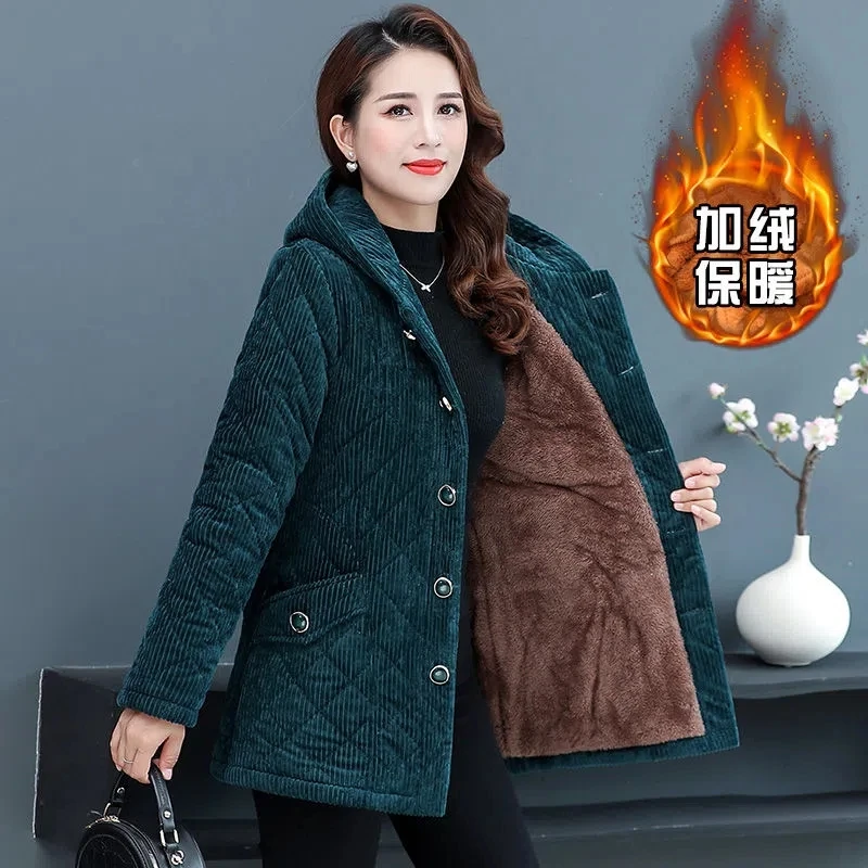 Parkas Women 2024 Winter New Fleece Thicke Corduroy Outerwear Cotton Jacket Female Hooded Padded Coat Clothes Basic Coats