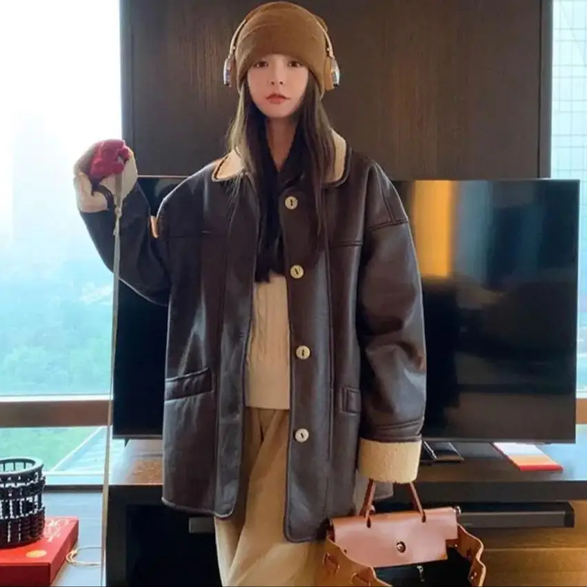 Korea Coats Single Button Leather Jacket Coat Feminino Lambswool Fleece Tops Women Parka Femme Coat Fur Integrated