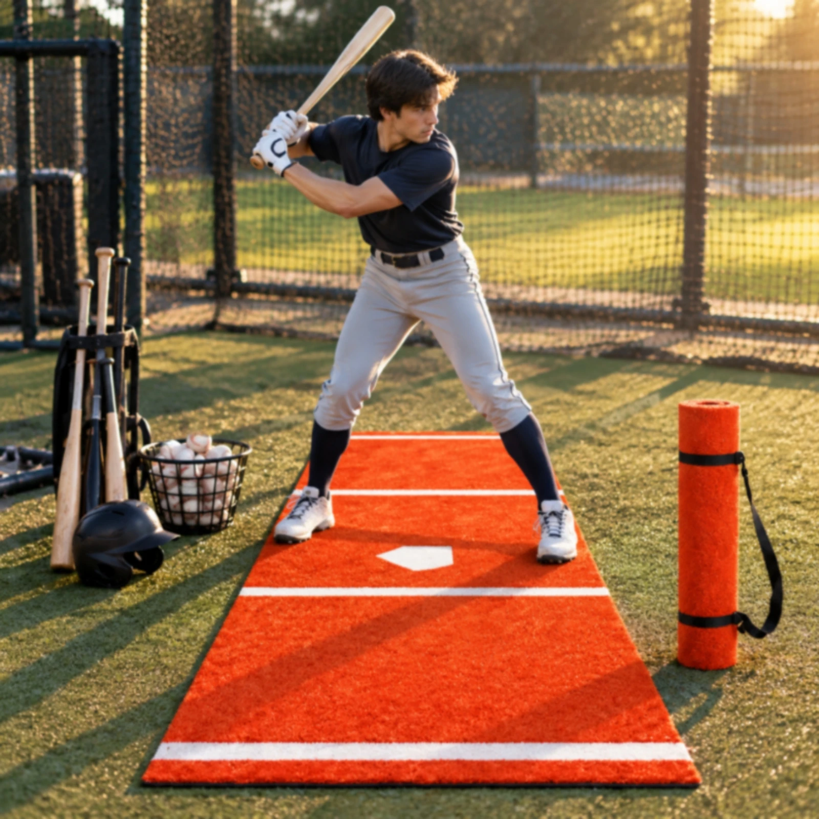 Baseball and Softball Batting Practice Mat Flexible Batting Mat with Batter's Box Markings Rubber Backed for Training Area