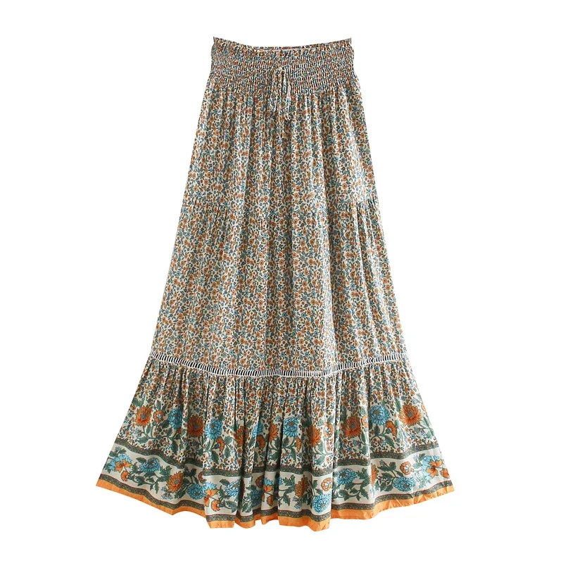 

Vintage Chic Women Beige Floral Print Beach Bohemian Skirt High Elastic Waist Rayon Cotton Boho Maxi Skirts Femme