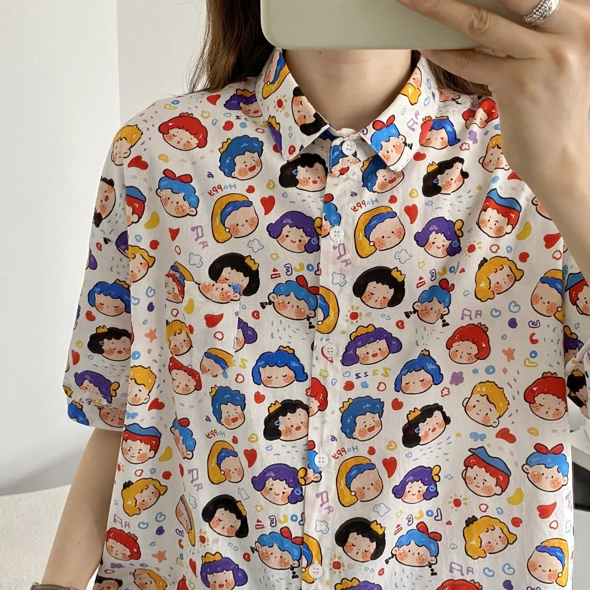 New Spring Cotton Shirts Women Short Sleeve Cute Cartoon Printed Tops Girl Sweet Casual Loose Blouses 2024 Summer T44372QM