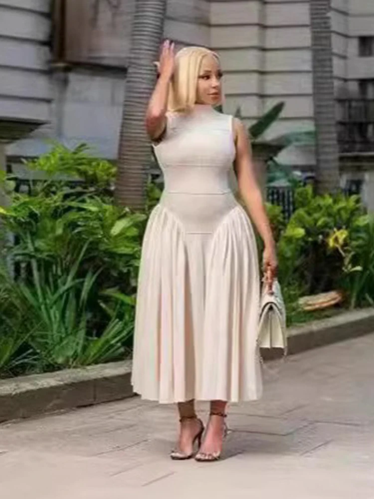 ノースリーブドレス女性のためのプリーツカジュアルドレスコルセットウエストエレガントなファッションレディースサマードレス卸売ドロップシッピング