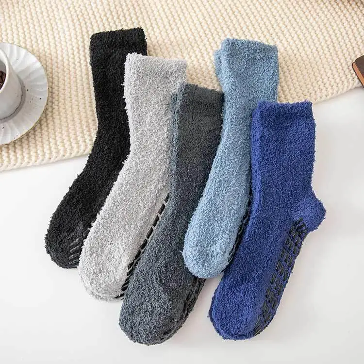 1 Pair Thick Coral Fleece Slipper Socks for Women Men,Non-Slip Fuzzy  Lined Sleep Socks,Warm Winter Indoor Floor Socks