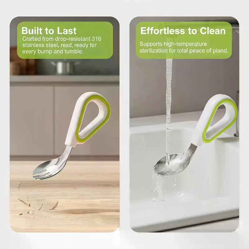 Baby Self Feeding Spoon Fork Set Soft Silicone Handle Toddler Training Tableware Non-Slip for 6-36 Months Infant Use