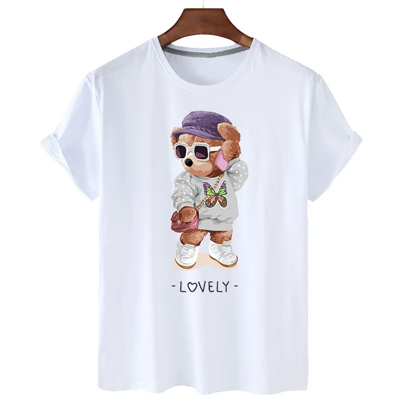 

100% Cotton Fashion Bear Print Shirt Short Sleeve O Neck Loose T Shirt Women's Summer Plus Size T Shirt Men's And Women's S-4XL