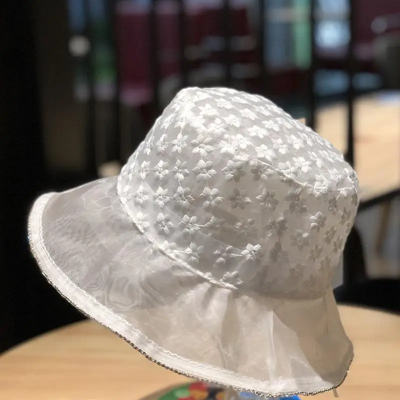 Ins Fisherman Hat Children's Summer Vintage Lightweight Flower Lace Sun Hat Diamond-encrusted Beach Sun Hat