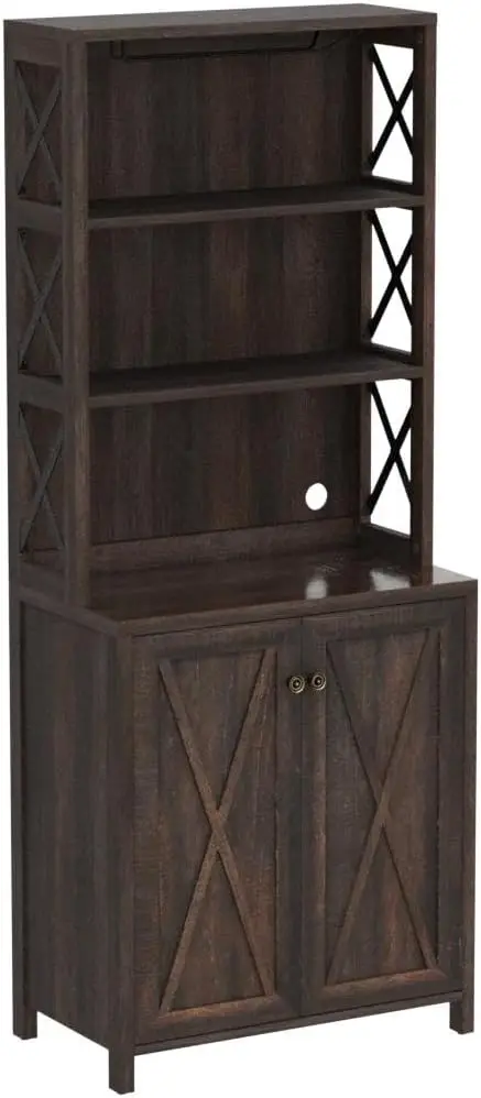 

Bar Cabinet for Liquor and Glasses, Dining Room Kitchen Cabinet with Wine Rack, Tall Open Storage Shelves, Wood Doors