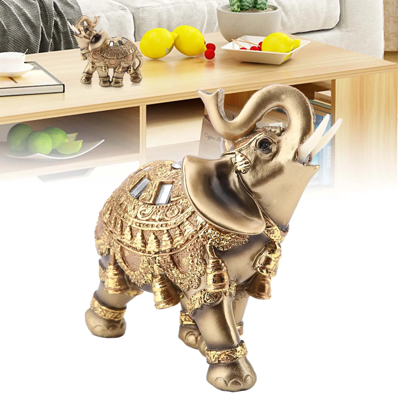 Feng Shui Elephant Statue Non-toxic Resin Golden Elephant Sculpture For Home Office Decoration